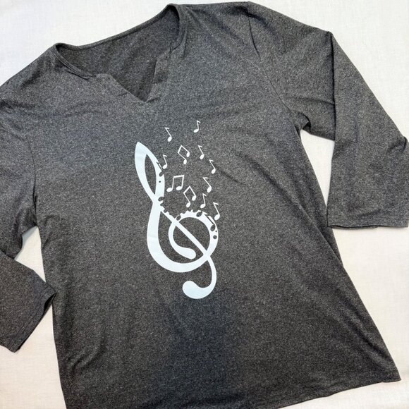 Treble Clef Music Note Top Size L Charcoal Gray Musiccore Graphic Tee 3/4 Sleeve - Picture 10 of 11